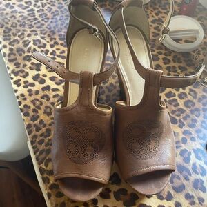 Coach Brown Leather Open-Toe Wedge Slingbacks